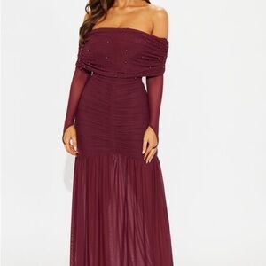 Fashion Nova Off-Shoulder Burgundy Long Sleeve Dress
